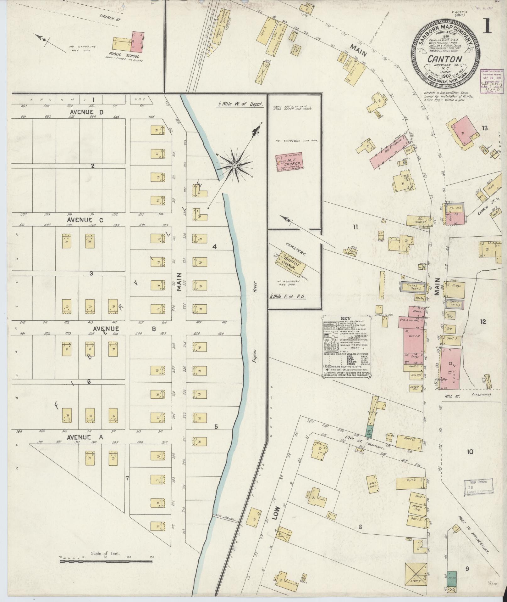 Sanborn Fire Insurance Map from Canton, Haywood County, North Carolina (1907), Sheet #0001 - Complete Map Set gallery image, historic Sanborn map, vintage wall art, North Carolina North Carolina