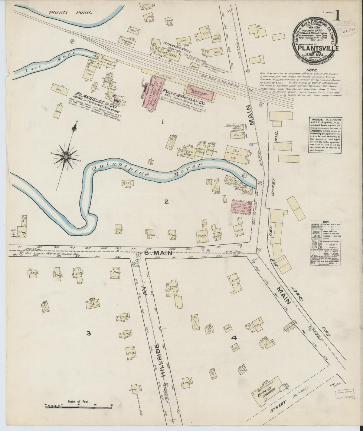 Sanborn Fire Insurance Map from Plantsville, Hartford County, Connecticut (1884), Sheet #0001 - Historic Sanborn Fire Insurance Map Print, vintage old map wall art, antique decor, genealogy gift, Connecticut Connecticut map