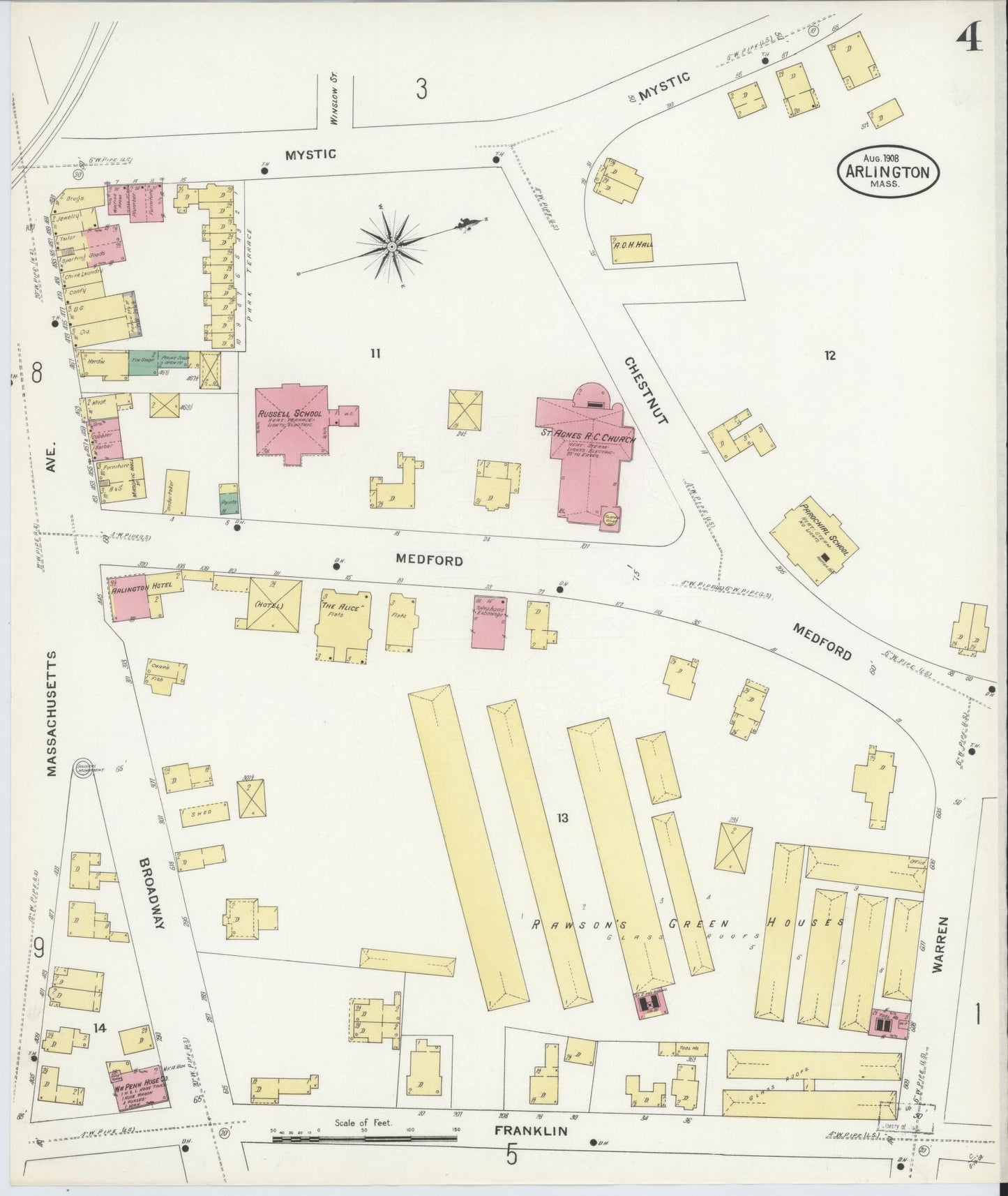 Sanborn Fire Insurance Map from Arlington, Middlesex County, Massachusetts (1908), Sheet #0004 - Historic Sanborn Fire Insurance Map Print, vintage old map wall art, antique decor, genealogy gift, Massachusetts Massachusetts map