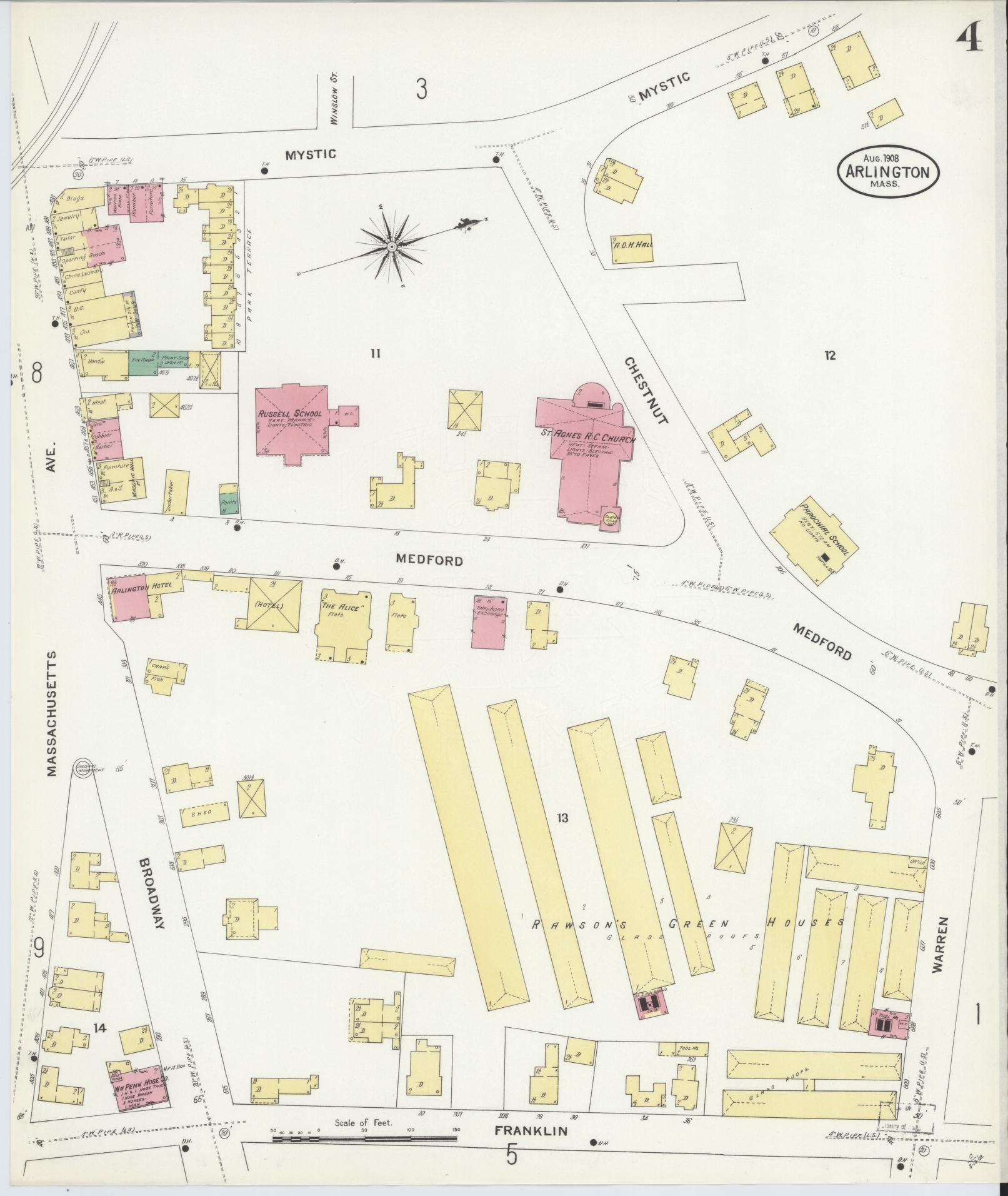 Sanborn Fire Insurance Map from Arlington, Middlesex County, Massachusetts (1908), Sheet #0004 - Historic Sanborn Fire Insurance Map Print, vintage old map wall art, antique decor, genealogy gift, Massachusetts Massachusetts map