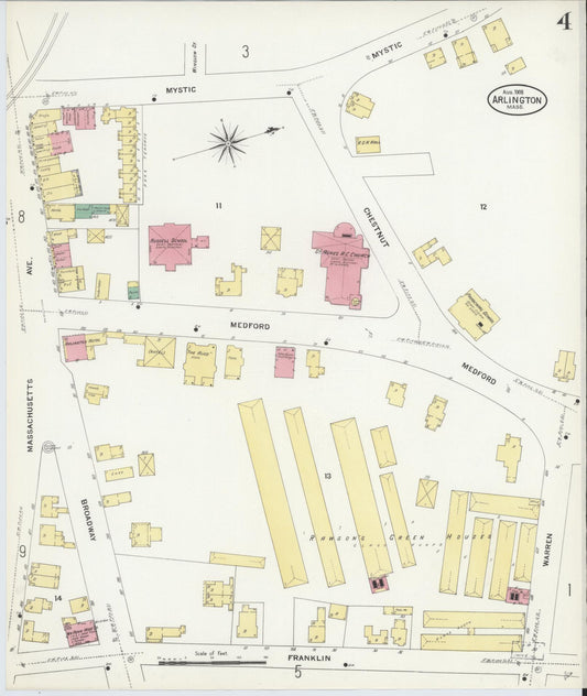 Sanborn Fire Insurance Map from Arlington, Middlesex County, Massachusetts (1908), Sheet #0004 - Historic Sanborn Fire Insurance Map Print, vintage old map wall art, antique decor, genealogy gift, Massachusetts Massachusetts map