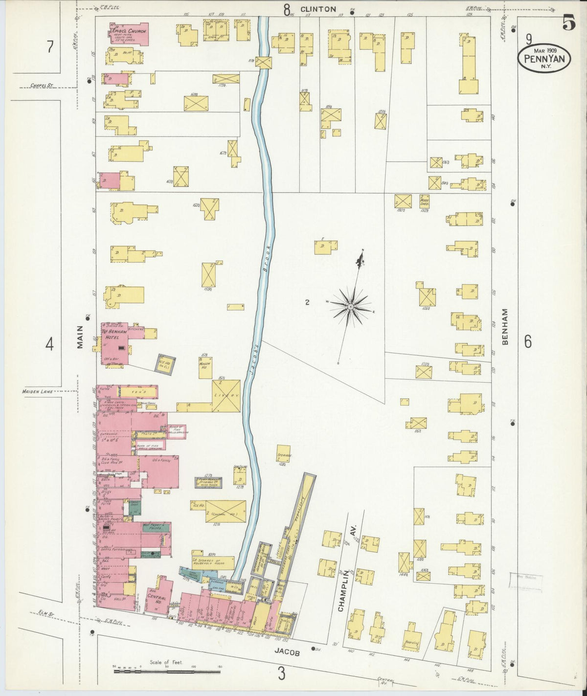 Sanborn Fire Insurance Map from Penn Yan, Yates County, New York (1909), Sheet #0005 - Complete Map Set gallery image, historic Sanborn map, vintage wall art, New York New York