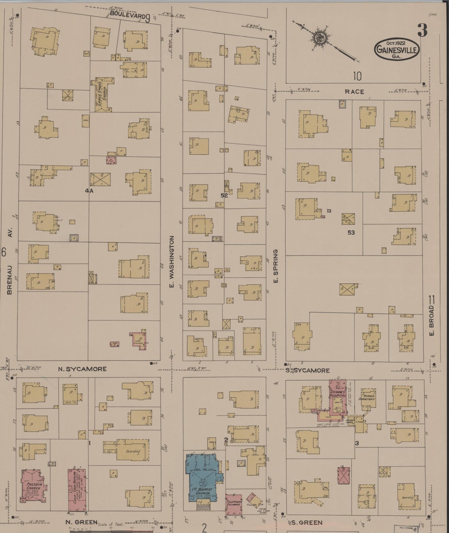 Sanborn Fire Insurance Map from Gainesville, Hall County, Georgia (1922), Sheet #0003 - Complete Map Set gallery image, historic Sanborn map, vintage wall art, Georgia Georgia