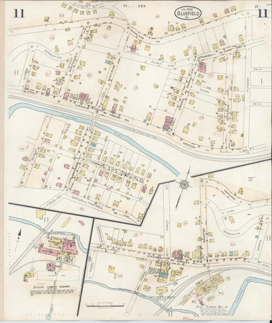 Sanborn Fire Insurance Map from Bluefield, Tazewell County, Virginia (1930), Sheet #0011 - Historic Sanborn Fire Insurance Map Print, vintage old map wall art, antique decor, genealogy gift, Virginia Virginia map