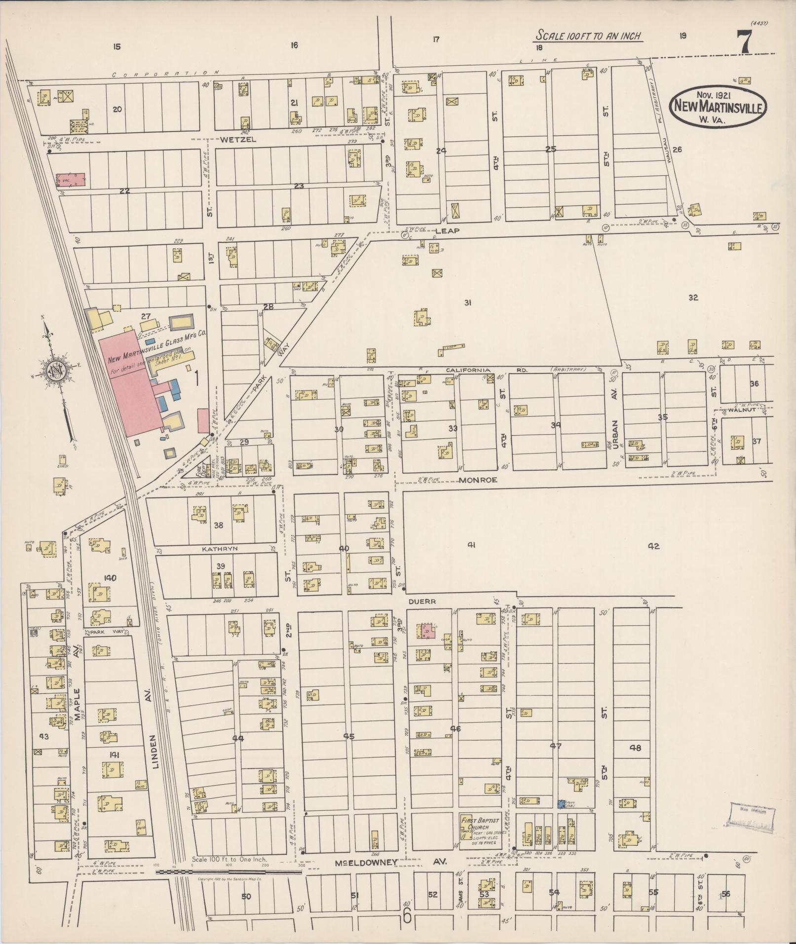 Sanborn Fire Insurance Map from New Martinsville, Wetzel County, West Virginia (1921), Sheet #0007 - Historic Sanborn Fire Insurance Map Print, vintage old map wall art, antique decor, genealogy gift, West Virginia West Virginia map