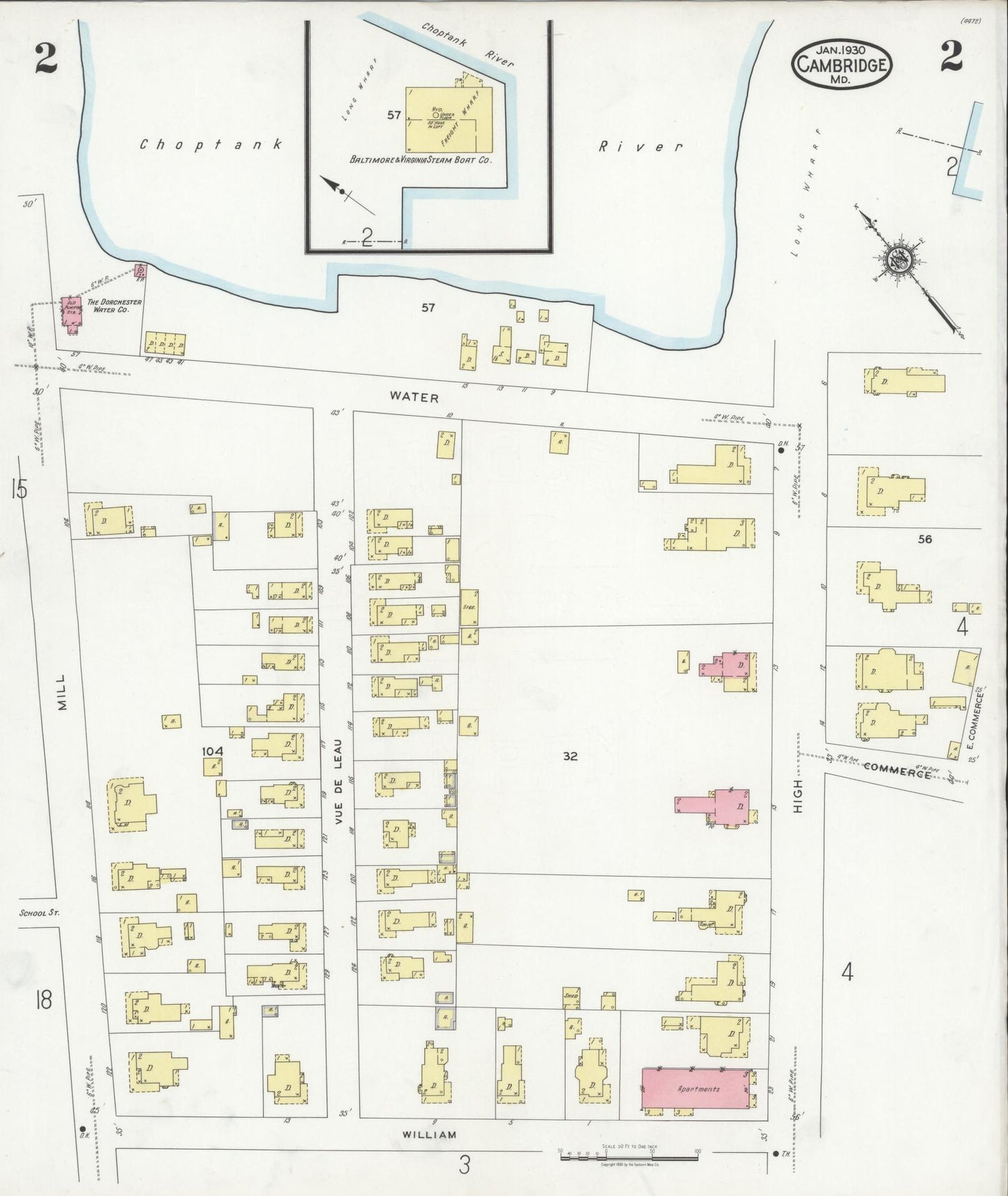 Dorchester, Maryland - 1930 - Sanborn Fire Insurance Map, Sheet #0002 - Historic Sanborn Fire Insurance Map Print, Dorchester Maryland 1930 0002 vintage old map wall art