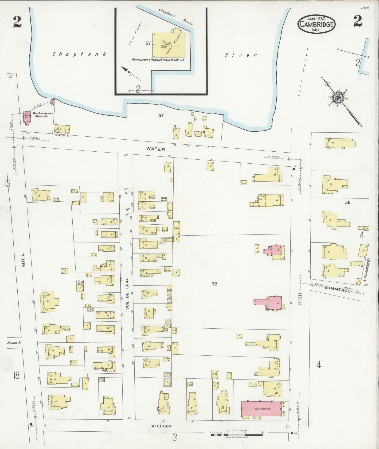 Dorchester, Maryland - 1930 - Sanborn Fire Insurance Map, Sheet #0002 - Historic Sanborn Fire Insurance Map Print, Dorchester Maryland 1930 0002 vintage old map wall art