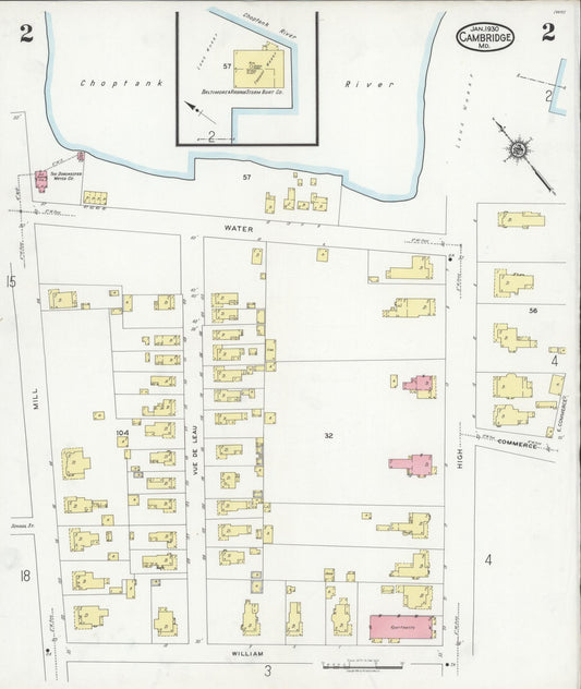Dorchester, Maryland - 1930 - Sanborn Fire Insurance Map, Sheet #0002 - Historic Sanborn Fire Insurance Map Print, Dorchester Maryland 1930 0002 vintage old map wall art