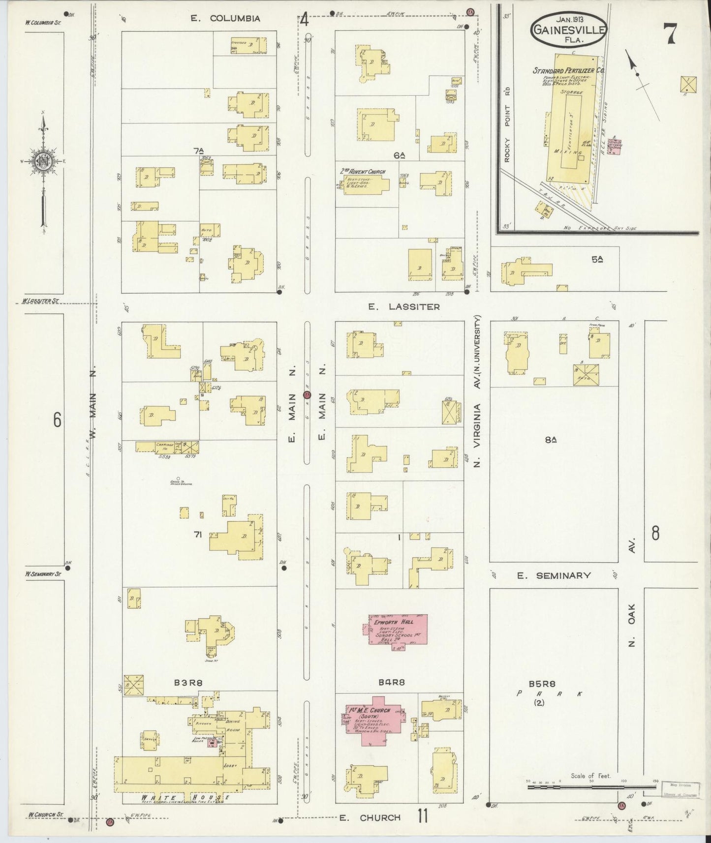 Sanborn Fire Insurance Map from Gainesville, Alachua County, Florida (1913), Sheet #0007 - Historic Sanborn Fire Insurance Map Print, vintage old map wall art, antique decor, genealogy gift, Florida Florida map