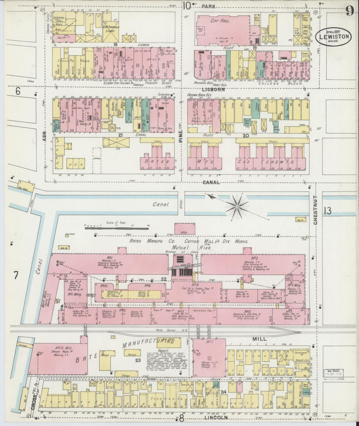 Sanborn Fire Insurance Map from Lewiston, Androscoggin County, Maine (1897), Sheet #0009 - Complete Map Set gallery image, historic Sanborn map, vintage wall art, Maine Maine