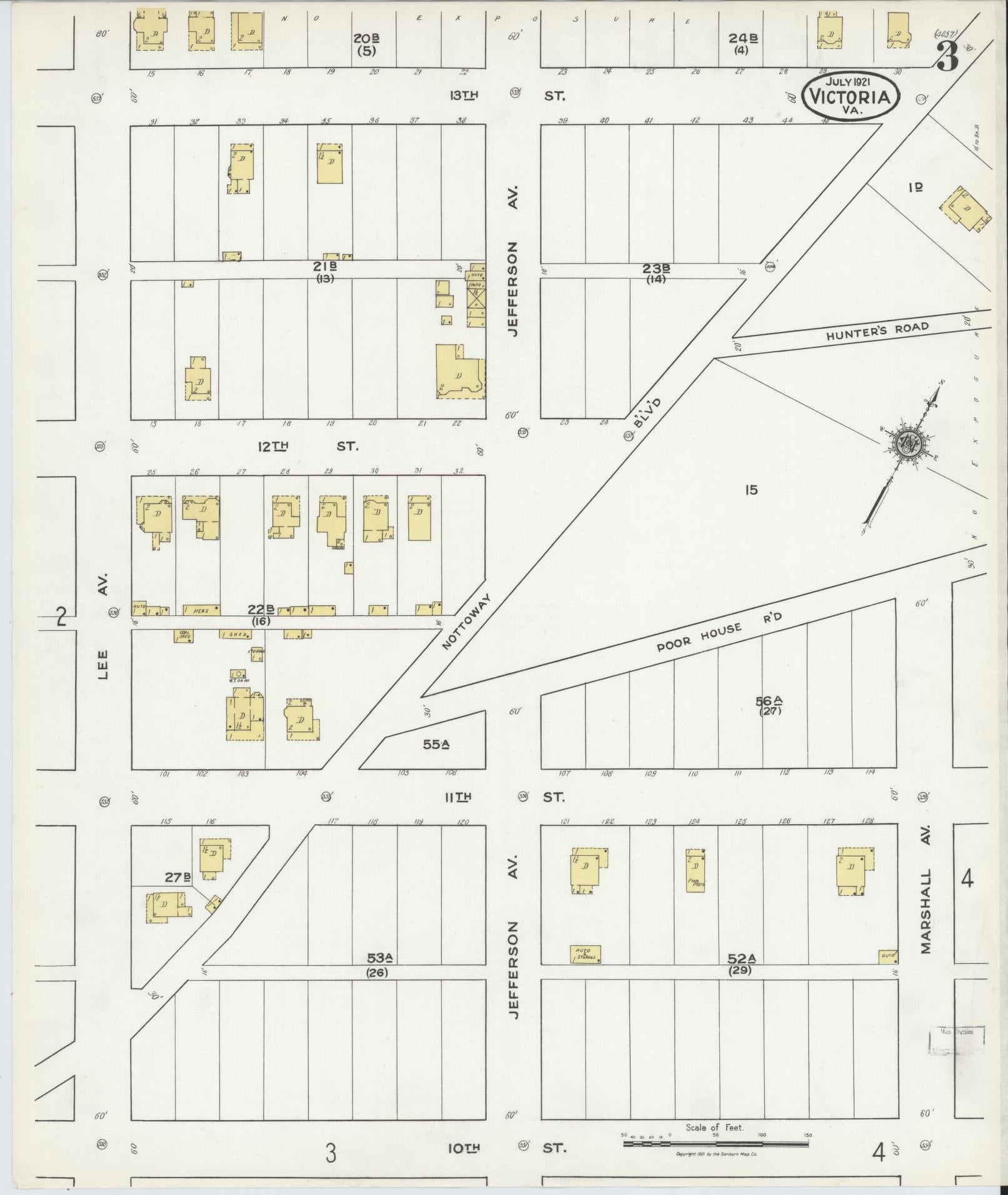 Sanborn Fire Insurance Map from Victoria, Lunenburg County, Virginia (1921), Sheet #0003 - Historic Sanborn Fire Insurance Map Print, vintage old map wall art, antique decor, genealogy gift, Virginia Virginia map