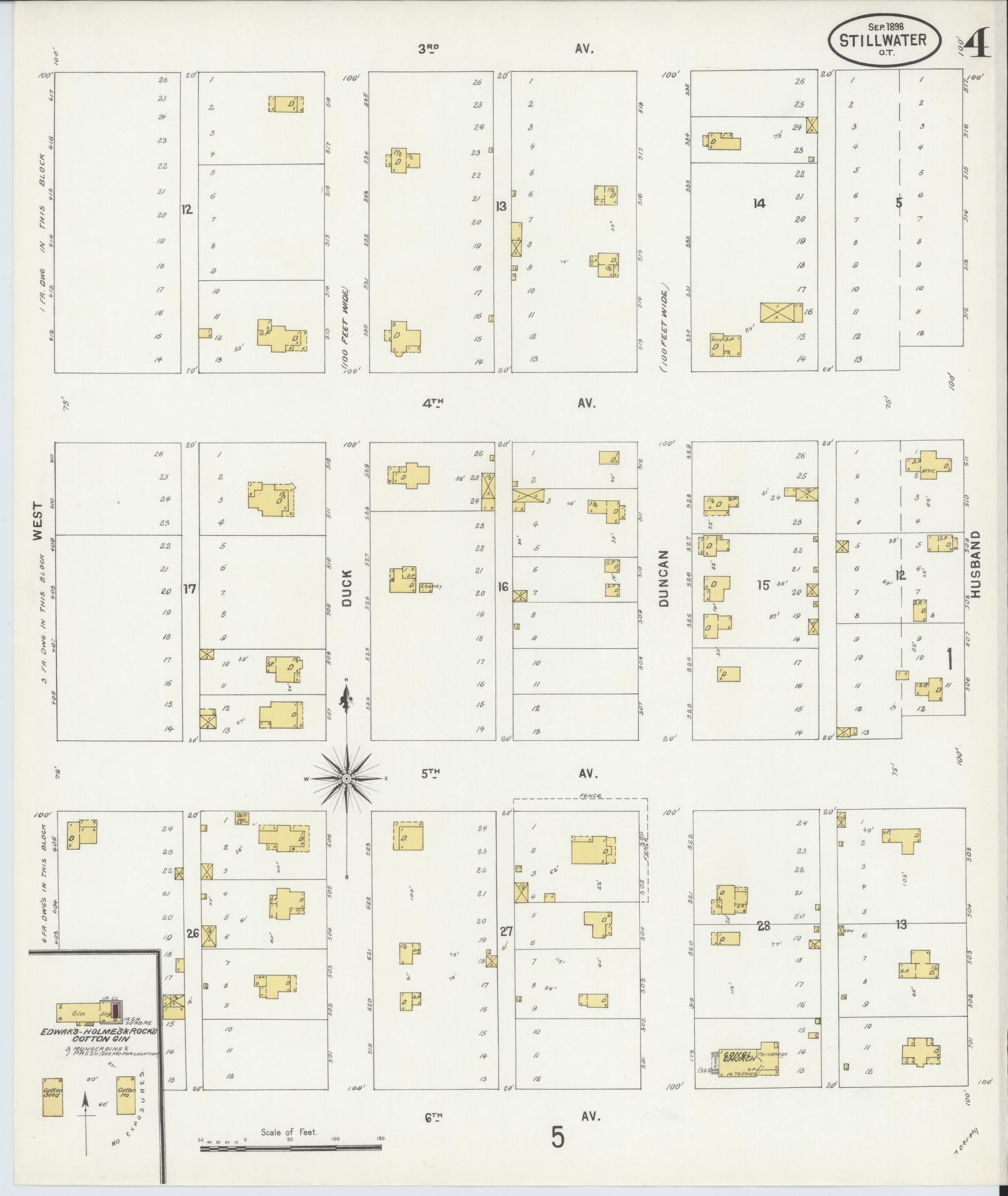 Sanborn Fire Insurance Map from Stillwater, Payne County, Oklahoma (1898), Sheet #0004 - Historic Sanborn Fire Insurance Map Print, vintage old map wall art, antique decor, genealogy gift, Oklahoma Oklahoma map