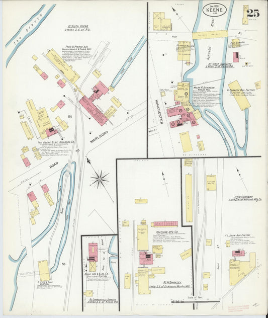 Sanborn Fire Insurance Map from Keene, Cheshire County, New Hampshire (1908), Sheet #0025 - Historic Sanborn Fire Insurance Map Print, vintage old map wall art, antique decor, genealogy gift, New Hampshire New Hampshire map