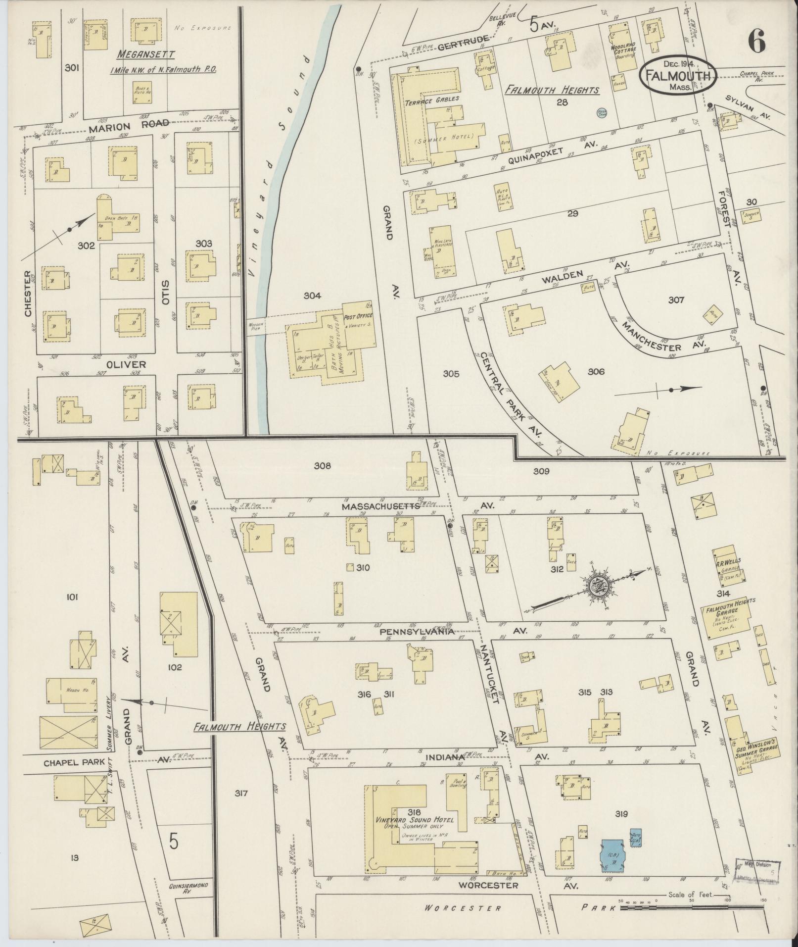 Sanborn Fire Insurance Map from Falmouth, Barnstable County, Massachusetts (1914), Sheet #0006 - Historic Sanborn Fire Insurance Map Print, vintage old map wall art, antique decor, genealogy gift, Massachusetts Massachusetts map