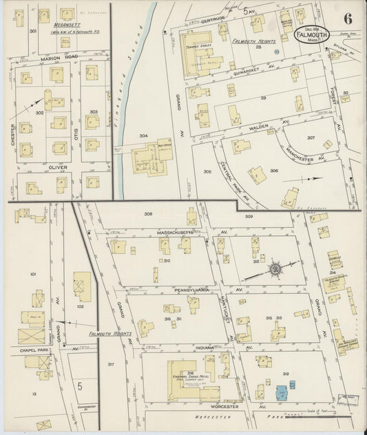 Sanborn Fire Insurance Map from Falmouth, Barnstable County, Massachusetts (1914), Sheet #0006 - Historic Sanborn Fire Insurance Map Print, vintage old map wall art, antique decor, genealogy gift, Massachusetts Massachusetts map