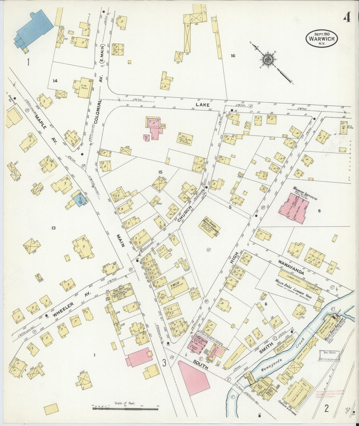 Sanborn Fire Insurance Map from Warwick, Orange County, New York (1910), Sheet #0004 - Complete Map Set gallery image, historic Sanborn map, vintage wall art, New York New York