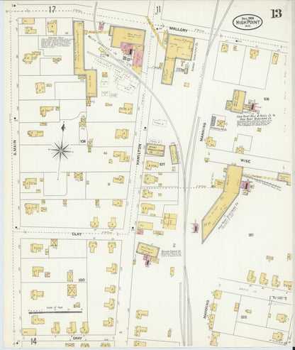 Sanborn Fire Insurance Map from High Point, Guilford County, North Carolina (1906), Sheet #0013 - Historic Sanborn Fire Insurance Map Print, vintage old map wall art, antique decor, genealogy gift, North Carolina North Carolina map