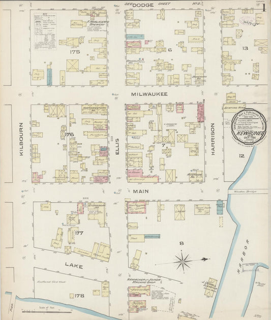 Sanborn Fire Insurance Map from Kewaunee, Kewaunee County, Wisconsin (1885), Sheet #0001 - Historic Sanborn Fire Insurance Map Print, vintage old map wall art, antique decor, genealogy gift, Wisconsin Wisconsin map