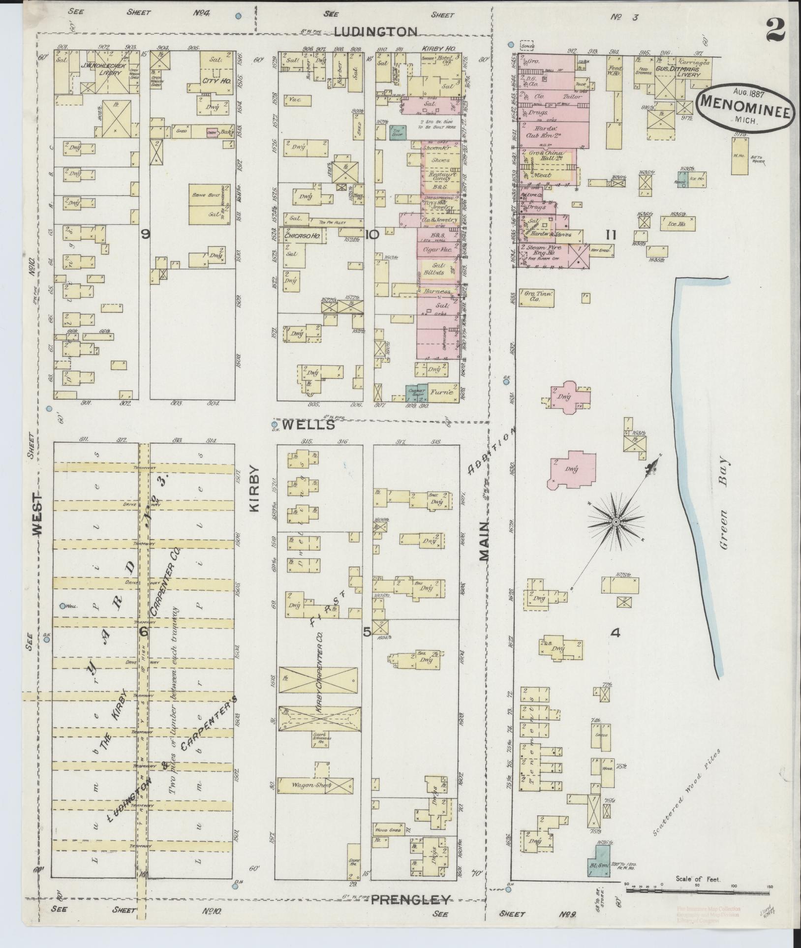 Sanborn Fire Insurance Map from Menominee, Menominee County, Michigan (1887), Sheet #0002 - Complete Map Set gallery image, historic Sanborn map, vintage wall art, Michigan Michigan