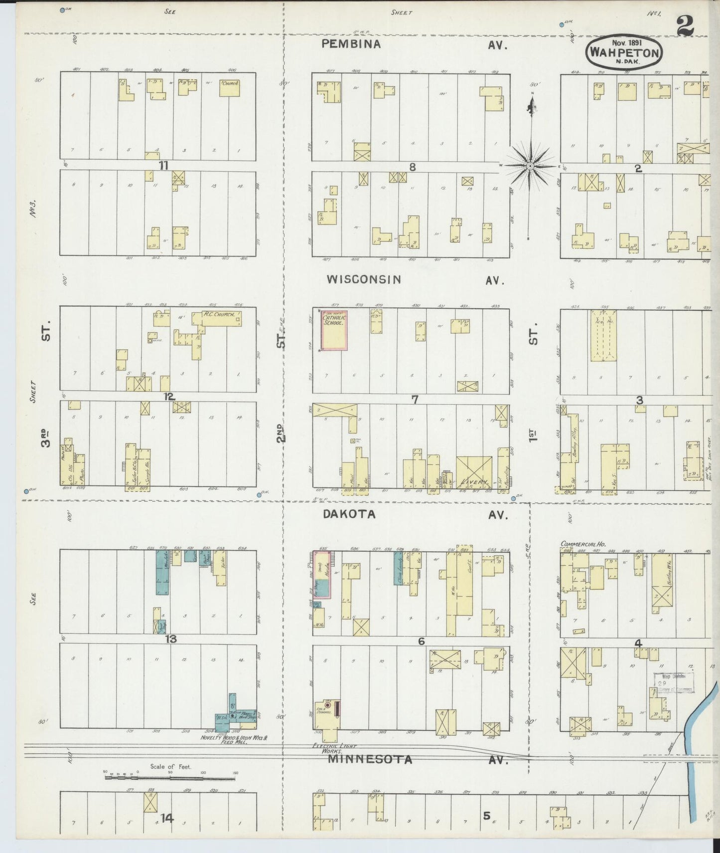 Sanborn Fire Insurance Map from Wahpeton, Richland County, North Dakota (1891), Sheet #0002 - Complete Map Set gallery image, historic Sanborn map, vintage wall art, North Dakota North Dakota