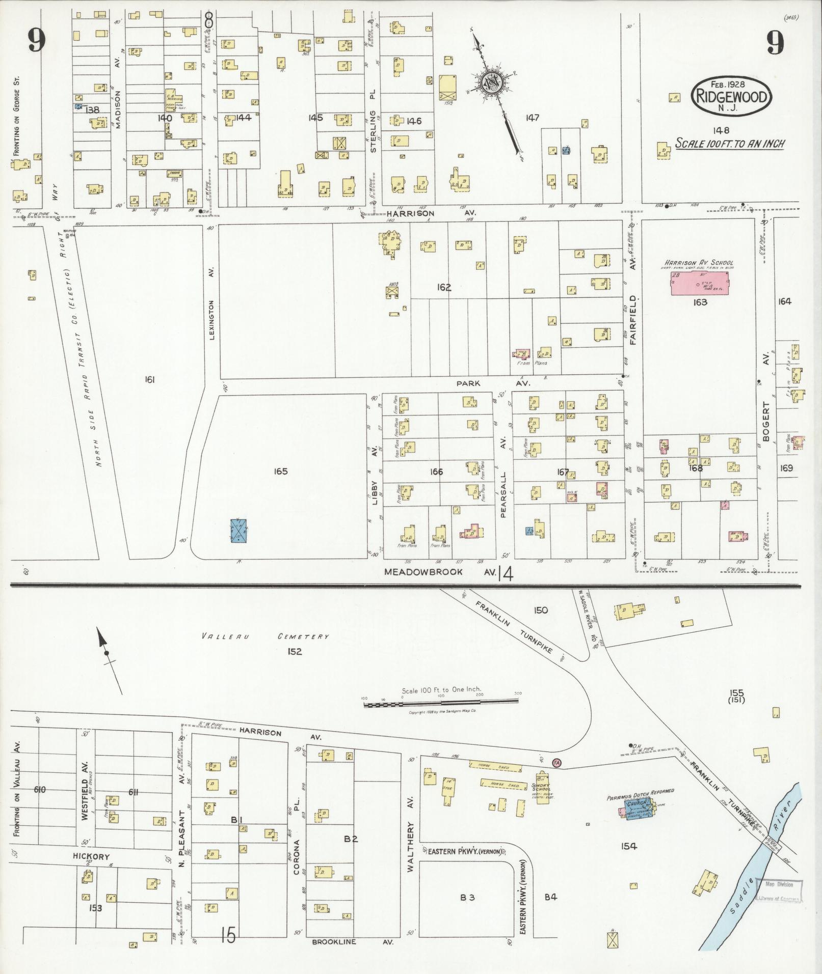 Sanborn Fire Insurance Map from Ridgewood, Bergen County, New Jersey (1928), Sheet #0009 - Historic Sanborn Fire Insurance Map Print, vintage old map wall art, antique decor, genealogy gift, New Jersey New Jersey map