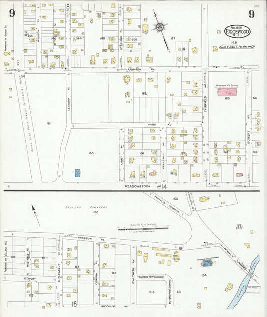 Sanborn Fire Insurance Map from Ridgewood, Bergen County, New Jersey (1928), Sheet #0009 - Historic Sanborn Fire Insurance Map Print, vintage old map wall art, antique decor, genealogy gift, New Jersey New Jersey map