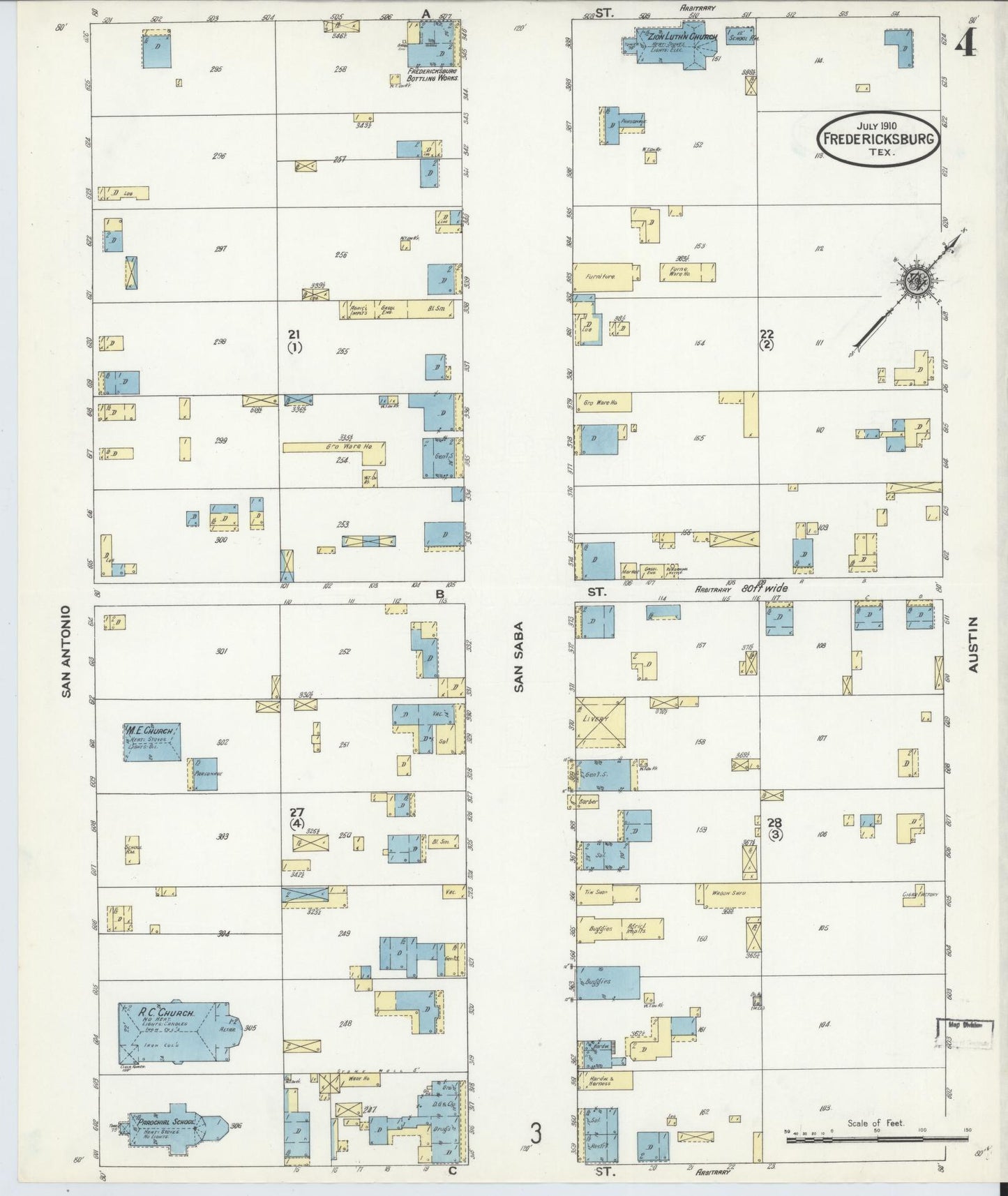 Sanborn Fire Insurance Map from Fredericksburg, Gillespie County, Texas (1910), Sheet #0004 - Complete Map Set gallery image, historic Sanborn map, vintage wall art, Texas Texas