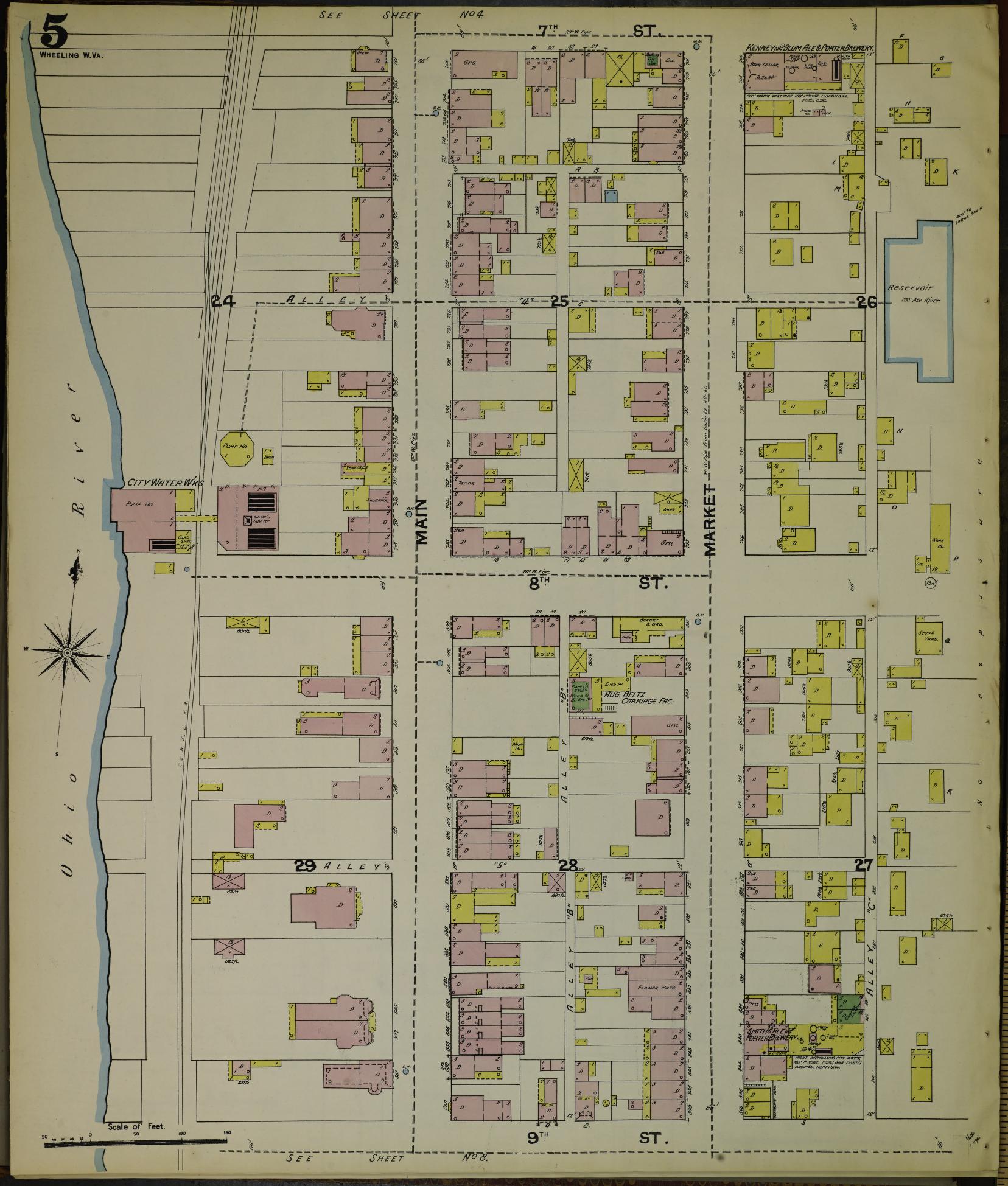 Sanborn Fire Insurance Map from Wheeling, Ohio County, West Virginia (1890), Sheet #0005 - Historic Sanborn Fire Insurance Map Print, vintage old map wall art, antique decor, genealogy gift, West Virginia West Virginia map