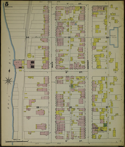Sanborn Fire Insurance Map from Wheeling, Ohio County, West Virginia (1890), Sheet #0005 - Historic Sanborn Fire Insurance Map Print, vintage old map wall art, antique decor, genealogy gift, West Virginia West Virginia map