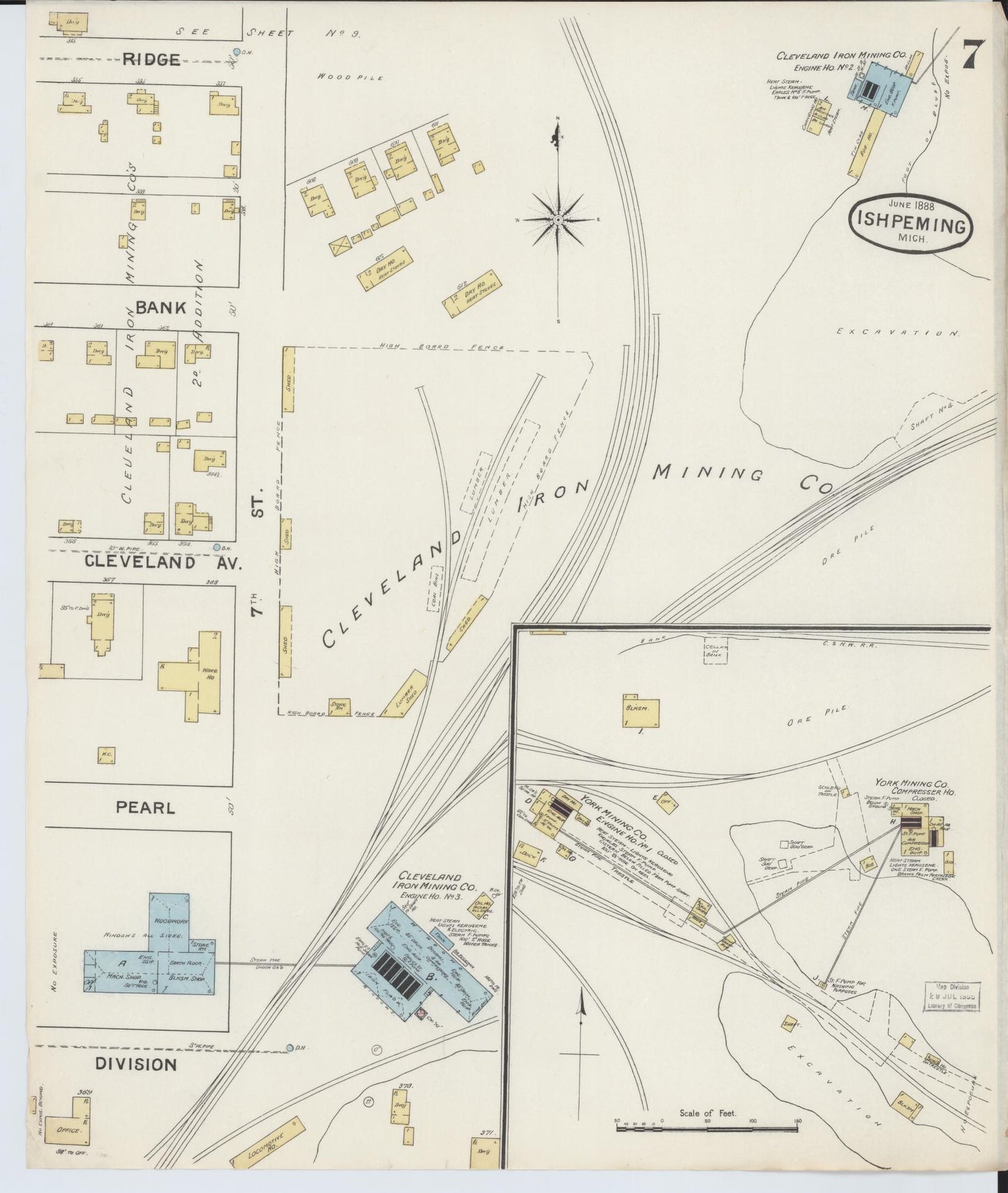 Sanborn Fire Insurance Map from Ishpeming, Marquette County, Michigan (1888), Sheet #0007 - Historic Sanborn Fire Insurance Map Print, vintage old map wall art, antique decor, genealogy gift, Michigan Michigan map