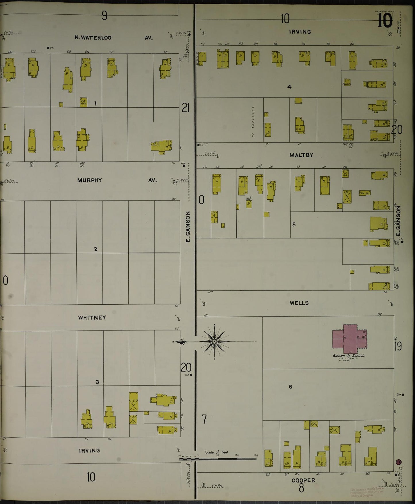 Sanborn Fire Insurance Map from Jackson, Jackson County, Michigan (1907), Sheet #0010 - Historic Sanborn Fire Insurance Map Print, vintage old map wall art, antique decor, genealogy gift, Michigan Michigan map