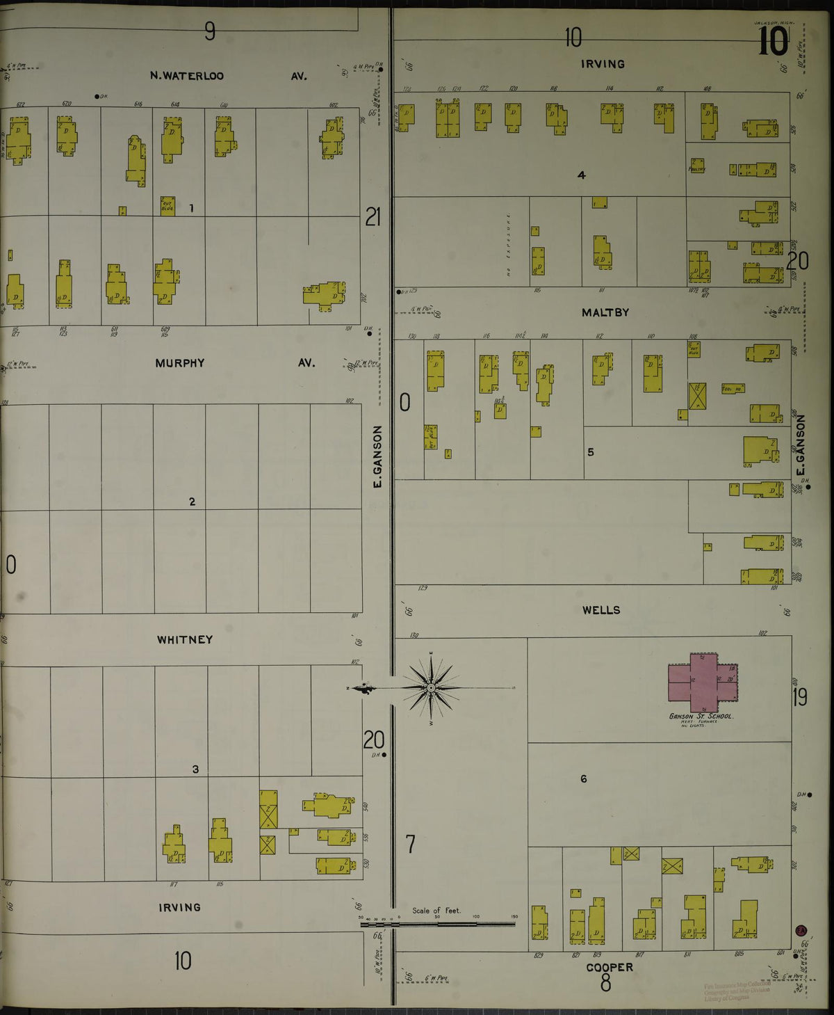 Sanborn Fire Insurance Map from Jackson, Jackson County, Michigan (1907), Sheet #0010 - Historic Sanborn Fire Insurance Map Print, vintage old map wall art, antique decor, genealogy gift, Michigan Michigan map