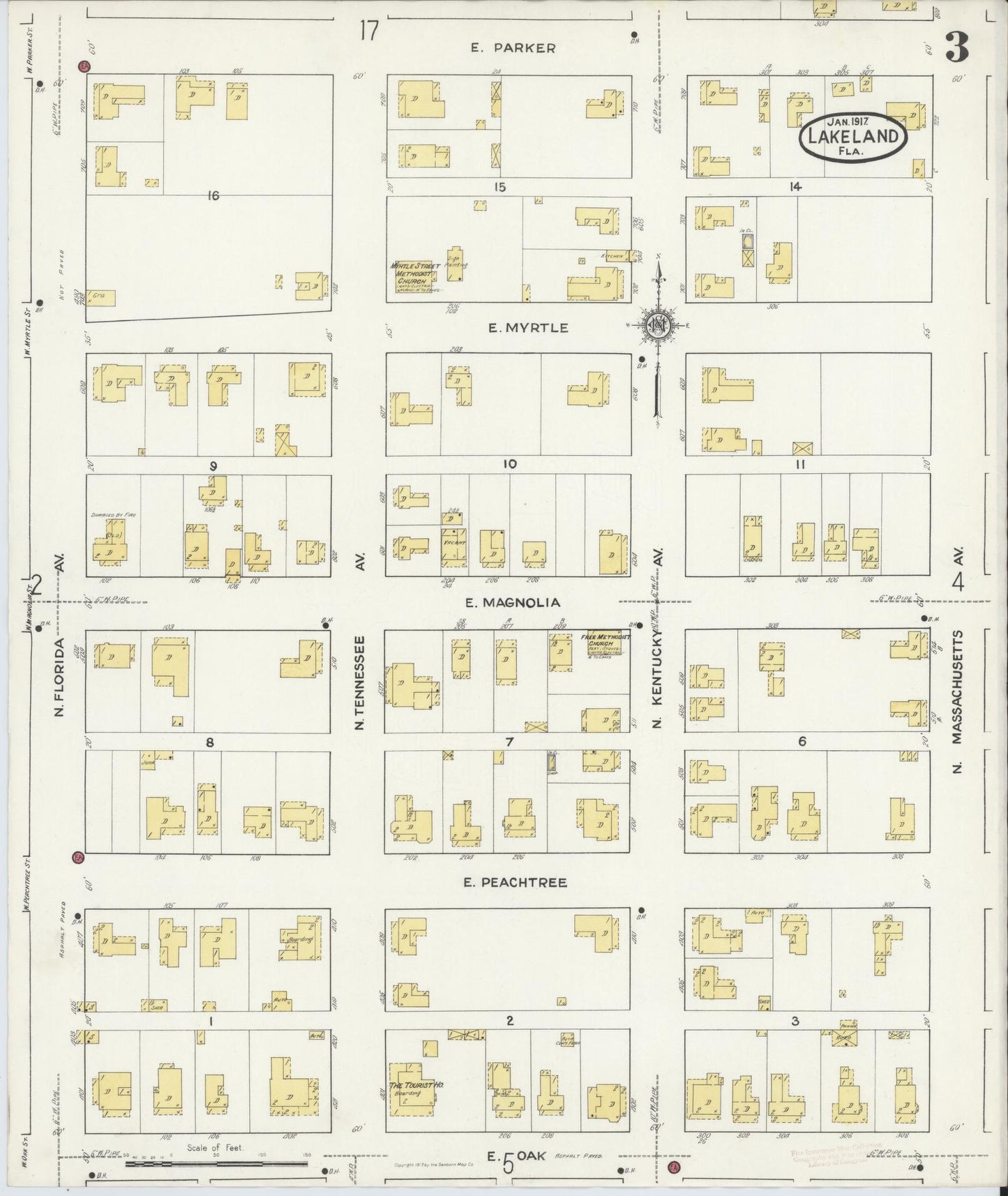 Sanborn Fire Insurance Map from Lakeland, Polk County, Florida (1917), Sheet #0003 - Historic Sanborn Fire Insurance Map Print, vintage old map wall art, antique decor, genealogy gift, Florida Florida map