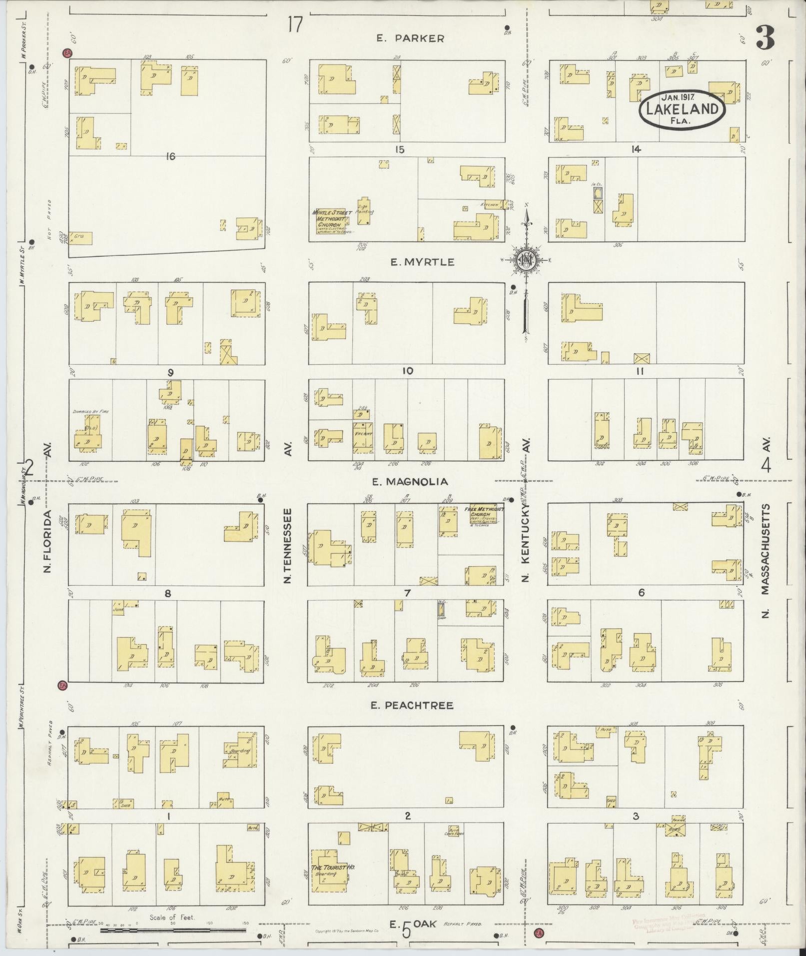 Sanborn Fire Insurance Map from Lakeland, Polk County, Florida (1917), Sheet #0003 - Historic Sanborn Fire Insurance Map Print, vintage old map wall art, antique decor, genealogy gift, Florida Florida map