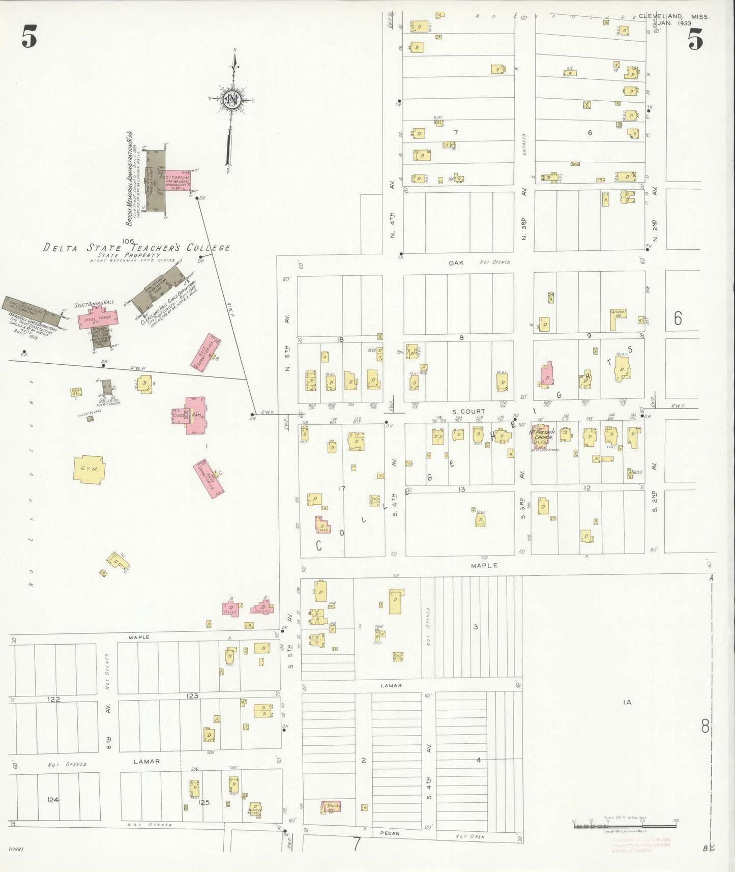 Sanborn Fire Insurance Map from Cleveland, Bolivar County, Mississippi (1933), Sheet #0005 - Historic Sanborn Fire Insurance Map Print, vintage old map wall art, antique decor, genealogy gift, Mississippi Mississippi map