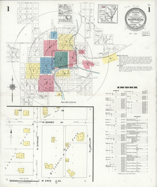 Sanborn Fire Insurance Map from Harrison, Boone County, Arkansas (1923), Sheet #0001 - Historic Sanborn Fire Insurance Map Print, vintage old map wall art, antique decor, genealogy gift, Arkansas Arkansas map