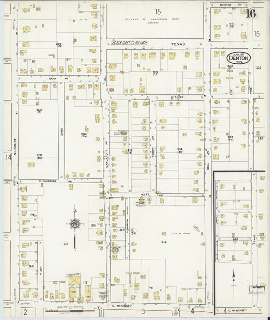 Sanborn Fire Insurance Map from Denton, Denton County, Texas (1917), Sheet #0016 - Historic Sanborn Fire Insurance Map Print, vintage old map wall art, antique decor, genealogy gift, Texas Texas map