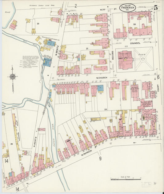Frederick, Maryland - 1911 - Sanborn Fire Insurance Map, Sheet #0005 - Historic Sanborn Fire Insurance Map Print, Frederick Maryland 1911 0005 vintage old map wall art