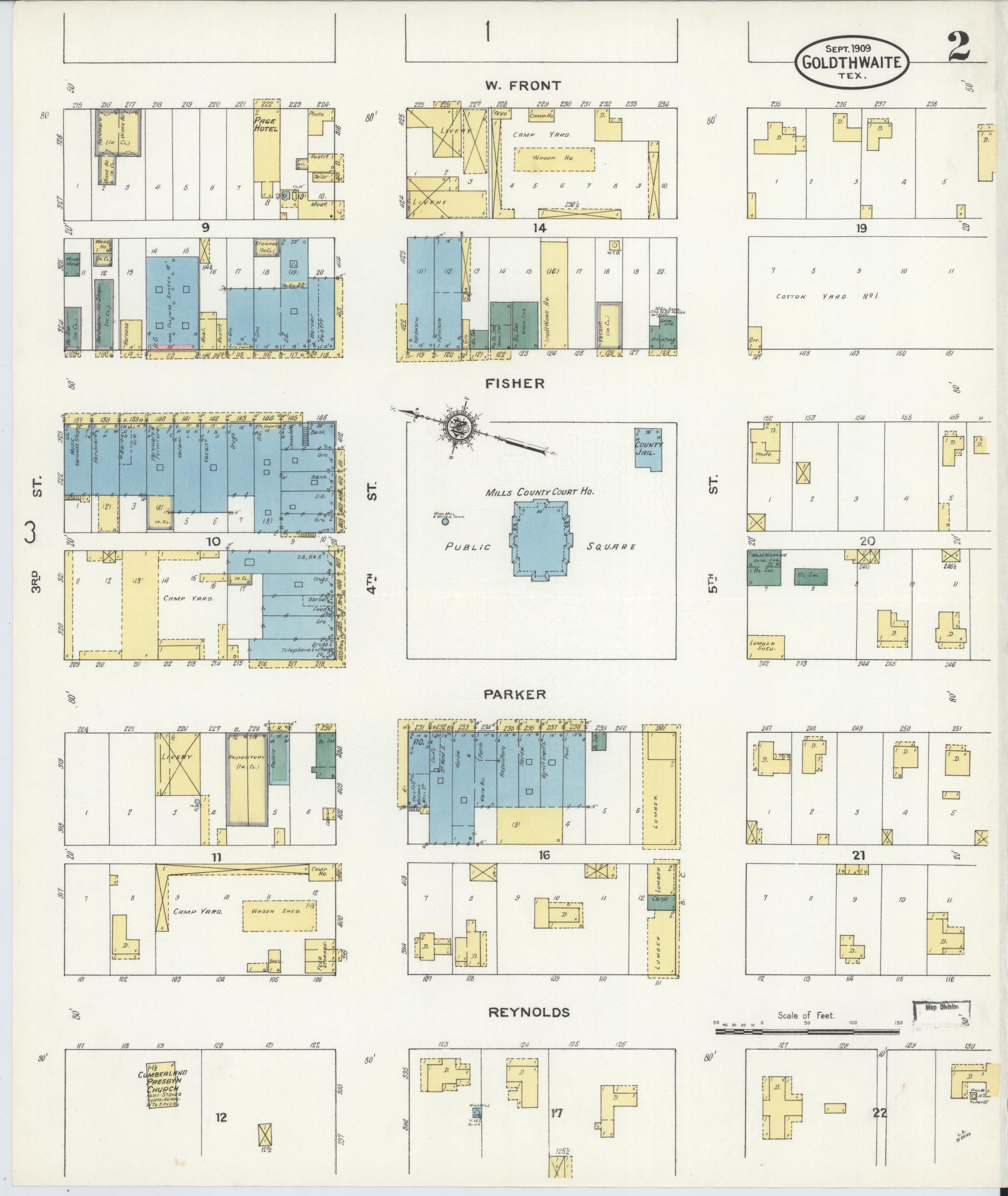 Sanborn Fire Insurance Map from Goldthwaite, Mills County, Texas (1909), Sheet #0002 - Historic Sanborn Fire Insurance Map Print, vintage old map wall art, antique decor, genealogy gift, Texas Texas map