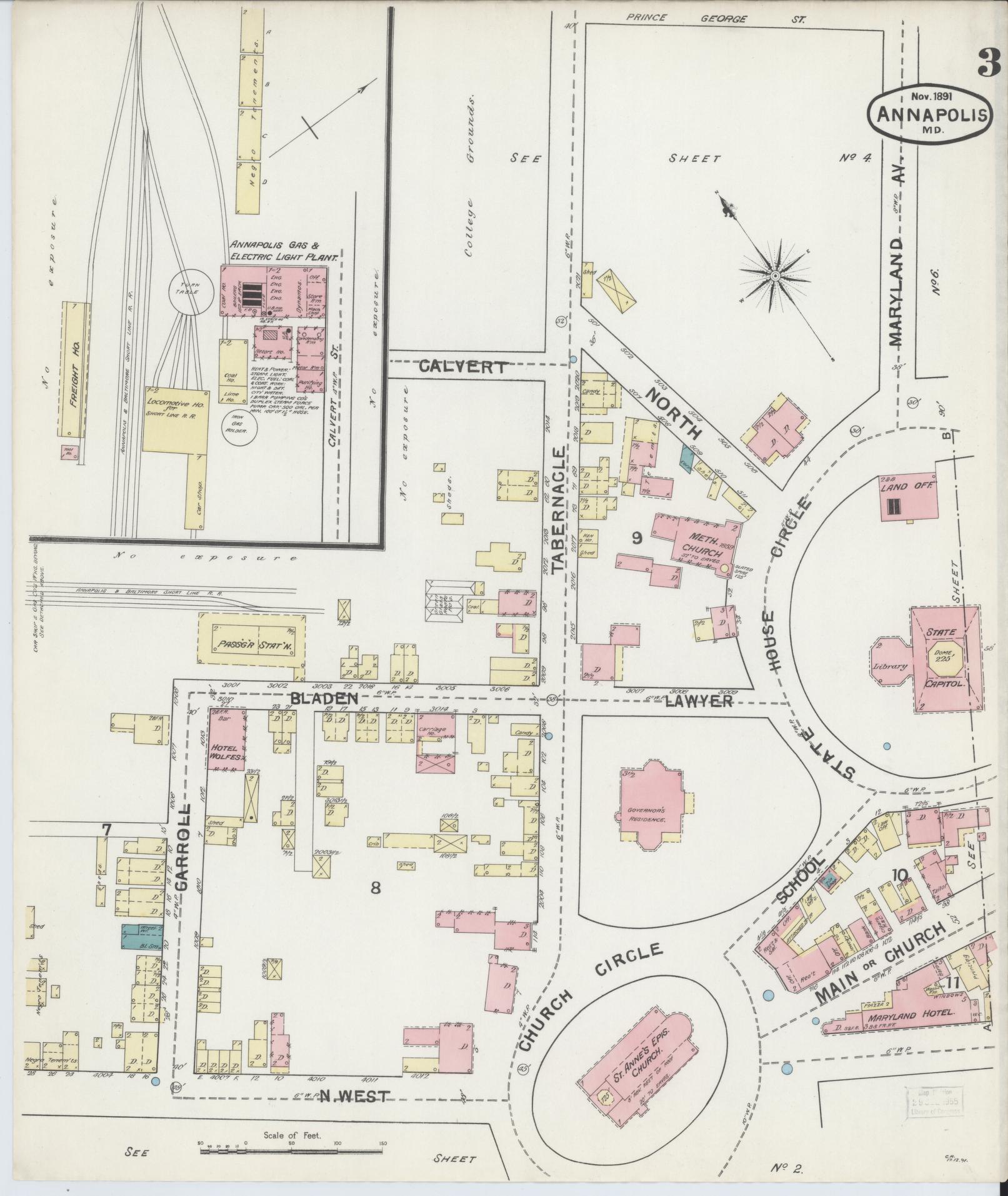 Anne Arundel, Maryland - 1891 - Sanborn Fire Insurance Map, Sheet #0003 - Historic Sanborn Fire Insurance Map Print, Anne Arundel Maryland 1891 0003 vintage old map wall art