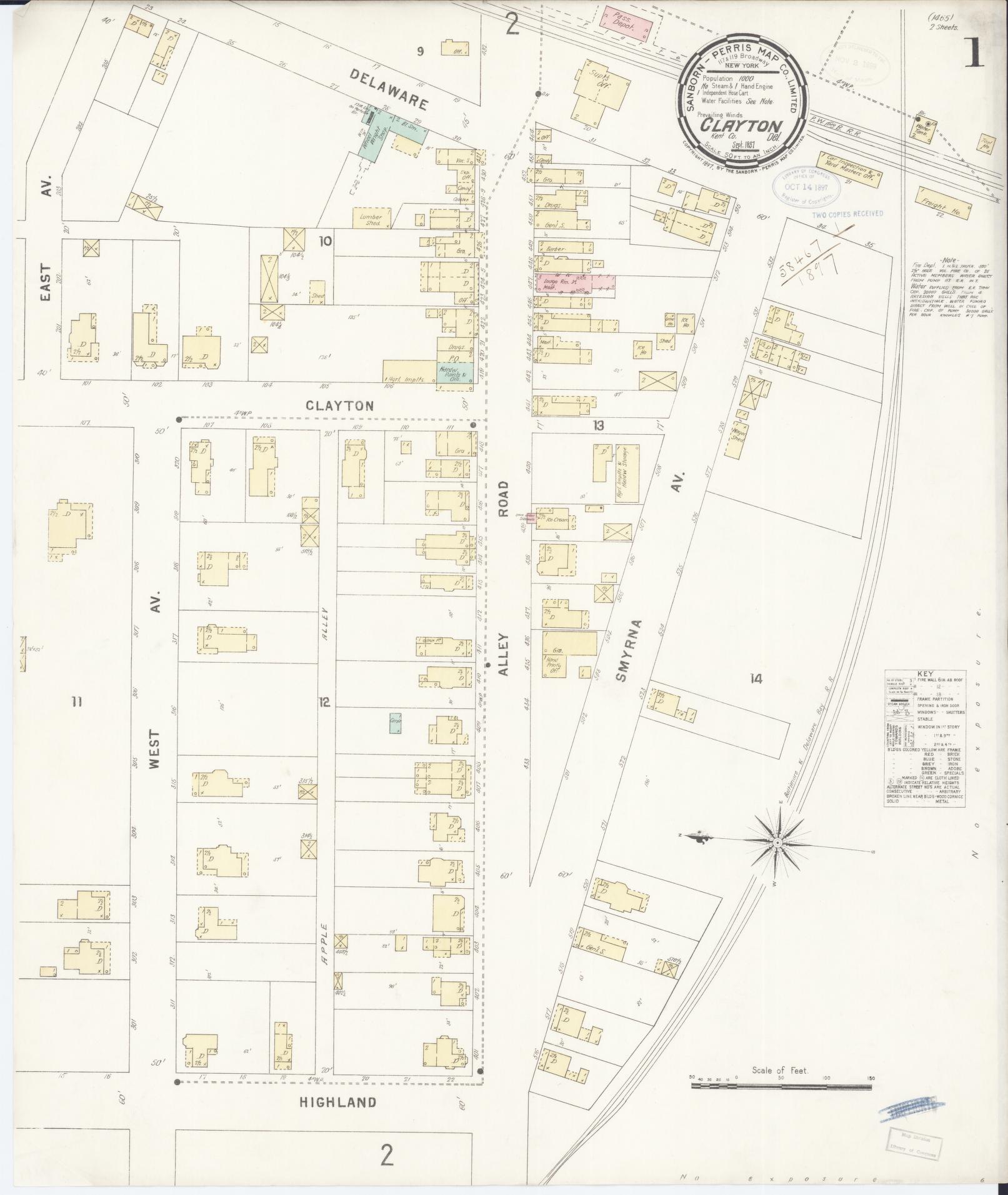 Sanborn Fire Insurance Map from Clayton, Kent County, Delaware (1897), Sheet #0001 - Historic Sanborn Fire Insurance Map Print, vintage old map wall art, antique decor, genealogy gift, Delaware Delaware map