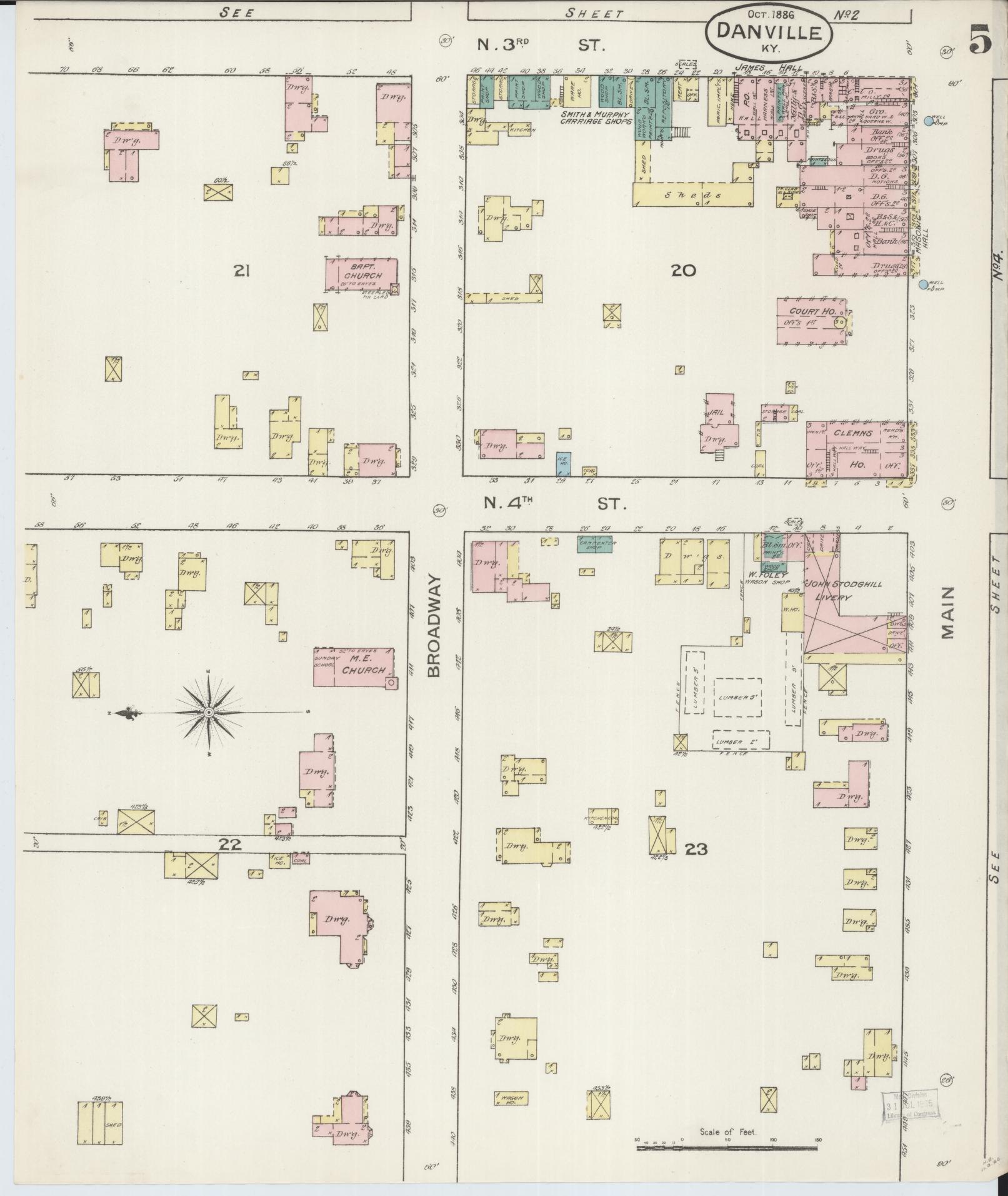Sanborn Fire Insurance Map from Danville, Boyle County, Kentucky (1886), Sheet #0005 - Complete Map Set gallery image, historic Sanborn map, vintage wall art, Kentucky Kentucky
