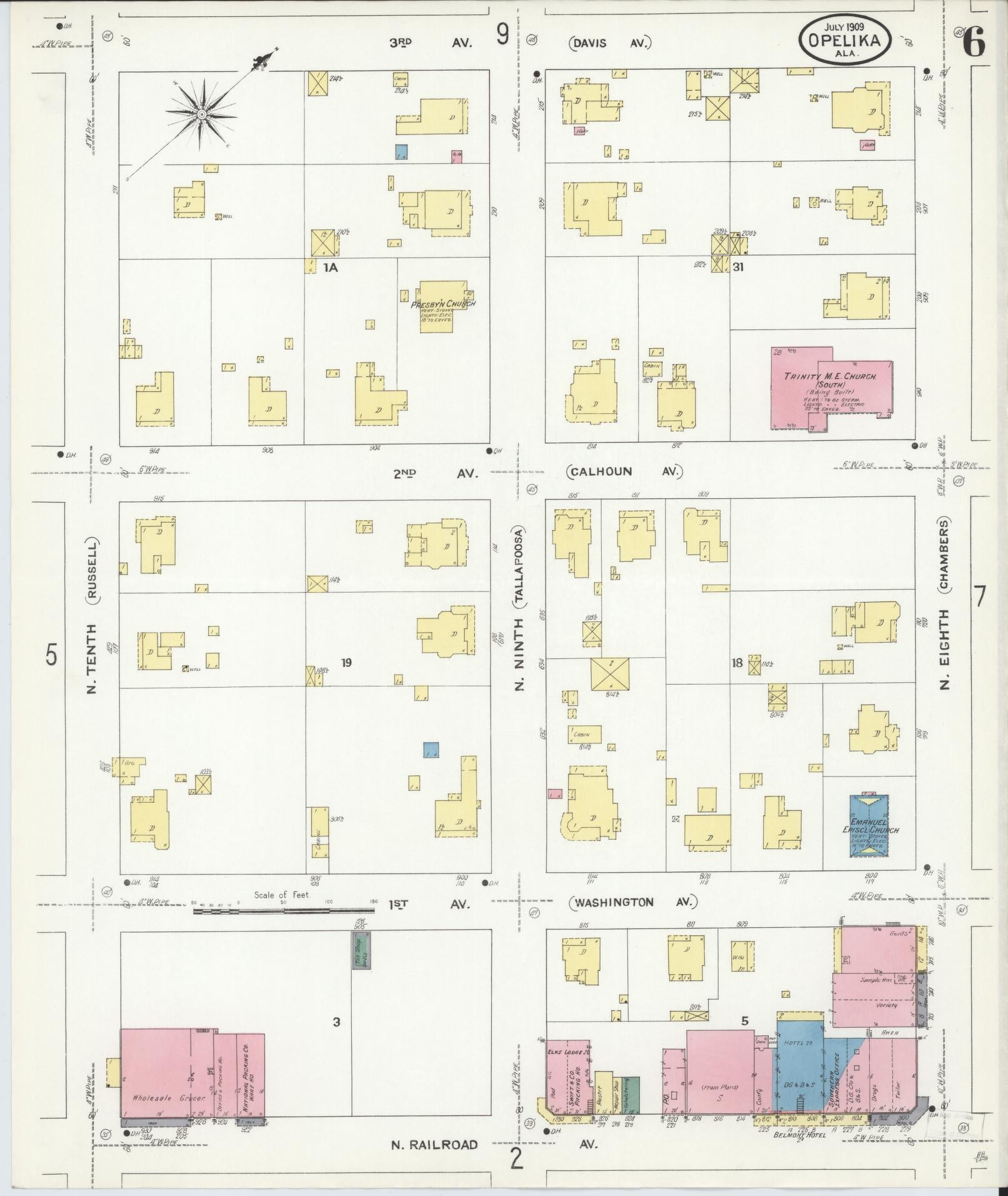 Sanborn Fire Insurance Map from Opelika, Lee County, Alabama (1909), Sheet #0006 - Complete Map Set gallery image, historic Sanborn map, vintage wall art, Alabama Alabama
