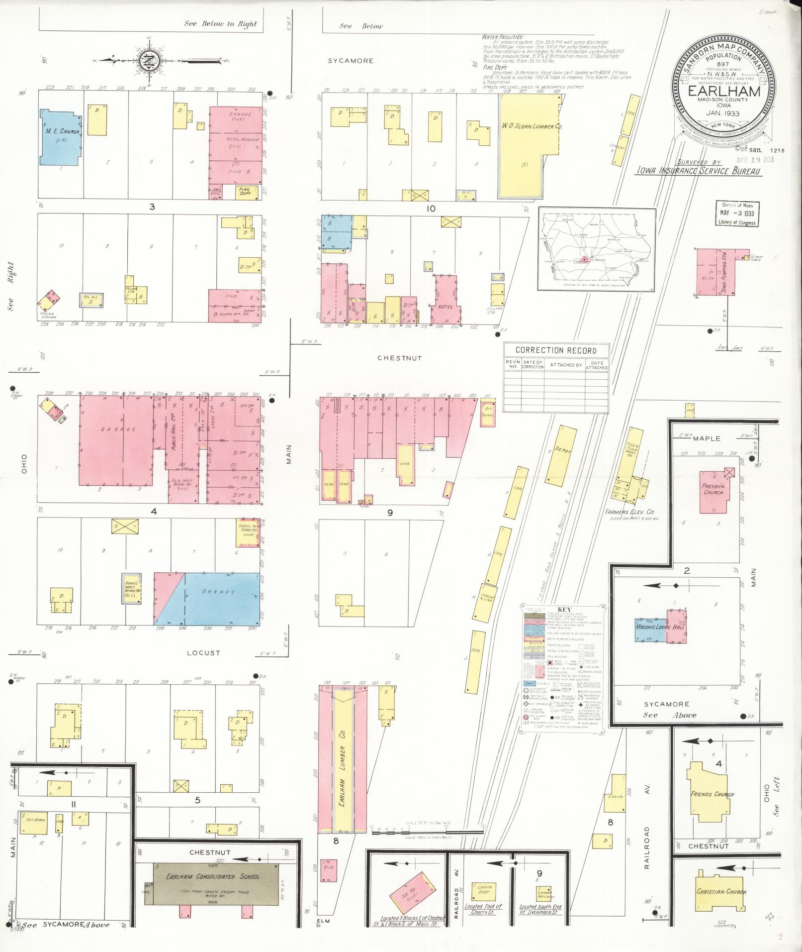 Sanborn Fire Insurance Map from Earlham, Madison County, Iowa (1933), Sheet #0001 - Historic Sanborn Fire Insurance Map Print, vintage old map wall art