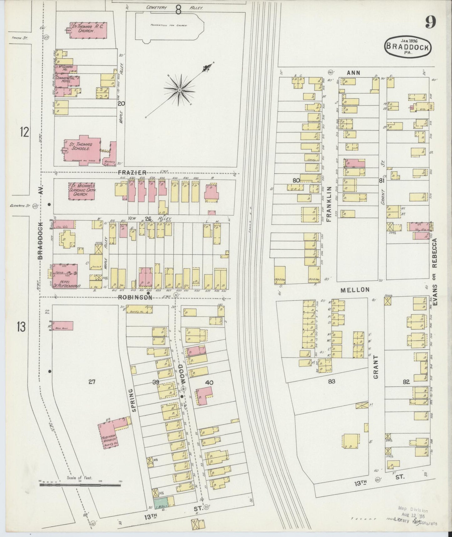 Sanborn Fire Insurance Map from Braddock, Allegheny County, Pennsylvania (1896), Sheet #0009 - Historic Sanborn Fire Insurance Map Print, vintage old map wall art, antique decor, genealogy gift, Pennsylvania Pennsylvania map