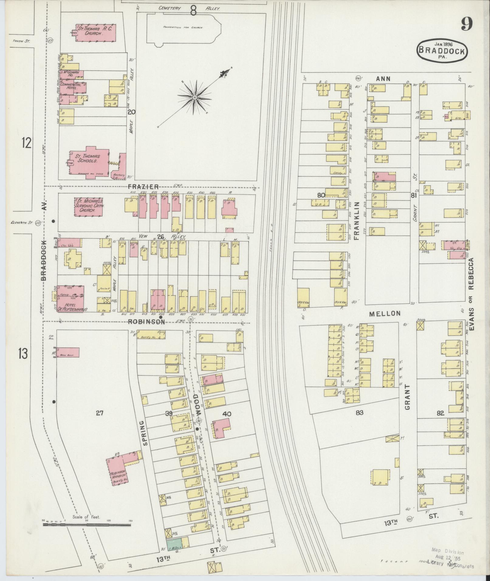 Sanborn Fire Insurance Map from Braddock, Allegheny County, Pennsylvania (1896), Sheet #0009 - Historic Sanborn Fire Insurance Map Print, vintage old map wall art, antique decor, genealogy gift, Pennsylvania Pennsylvania map