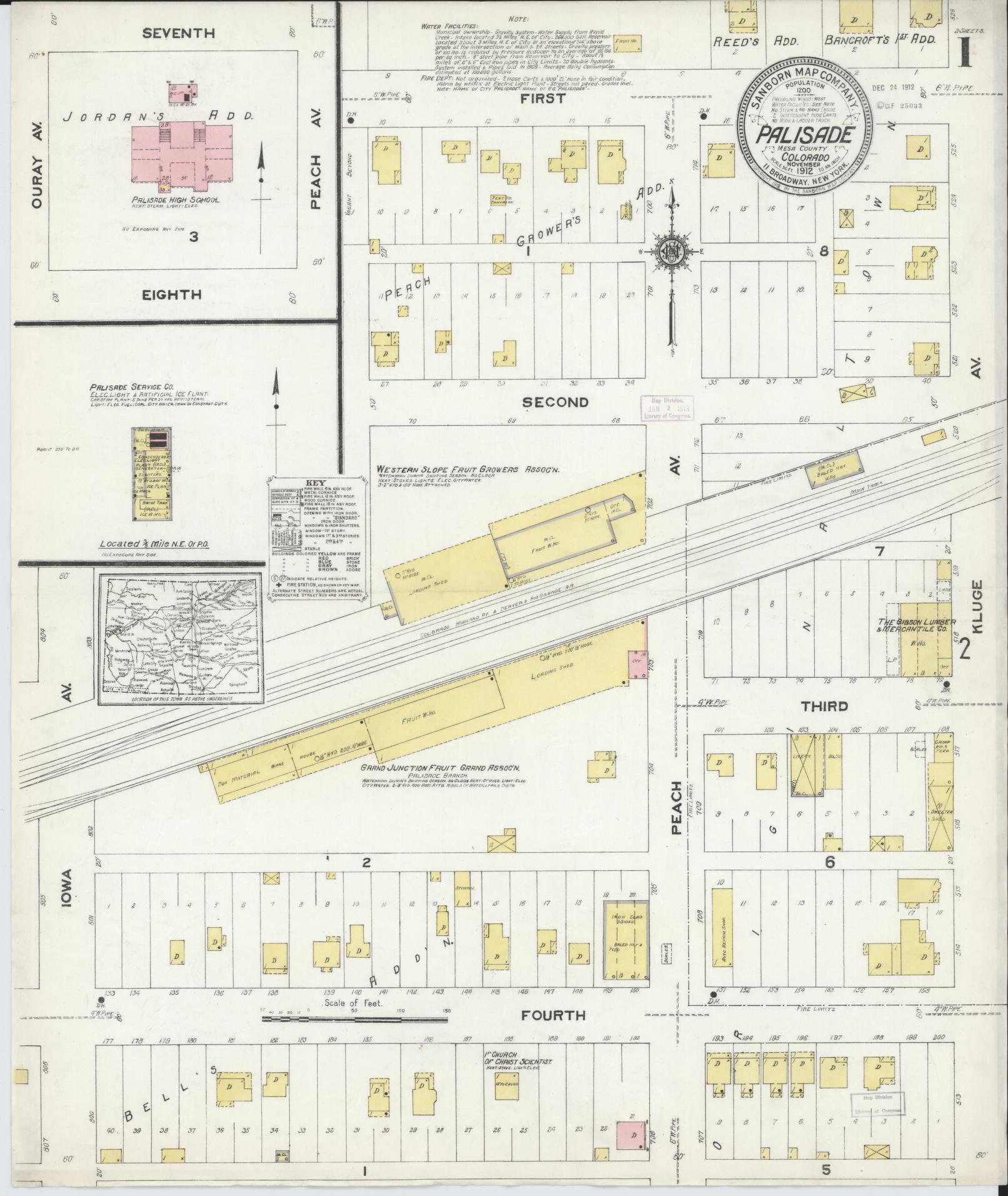 Sanborn Fire Insurance Map from Palisade, Mesa County, Colorado (1912), Sheet #0001 - Historic Sanborn Fire Insurance Map Print, vintage old map wall art, antique decor, genealogy gift, Colorado Colorado map