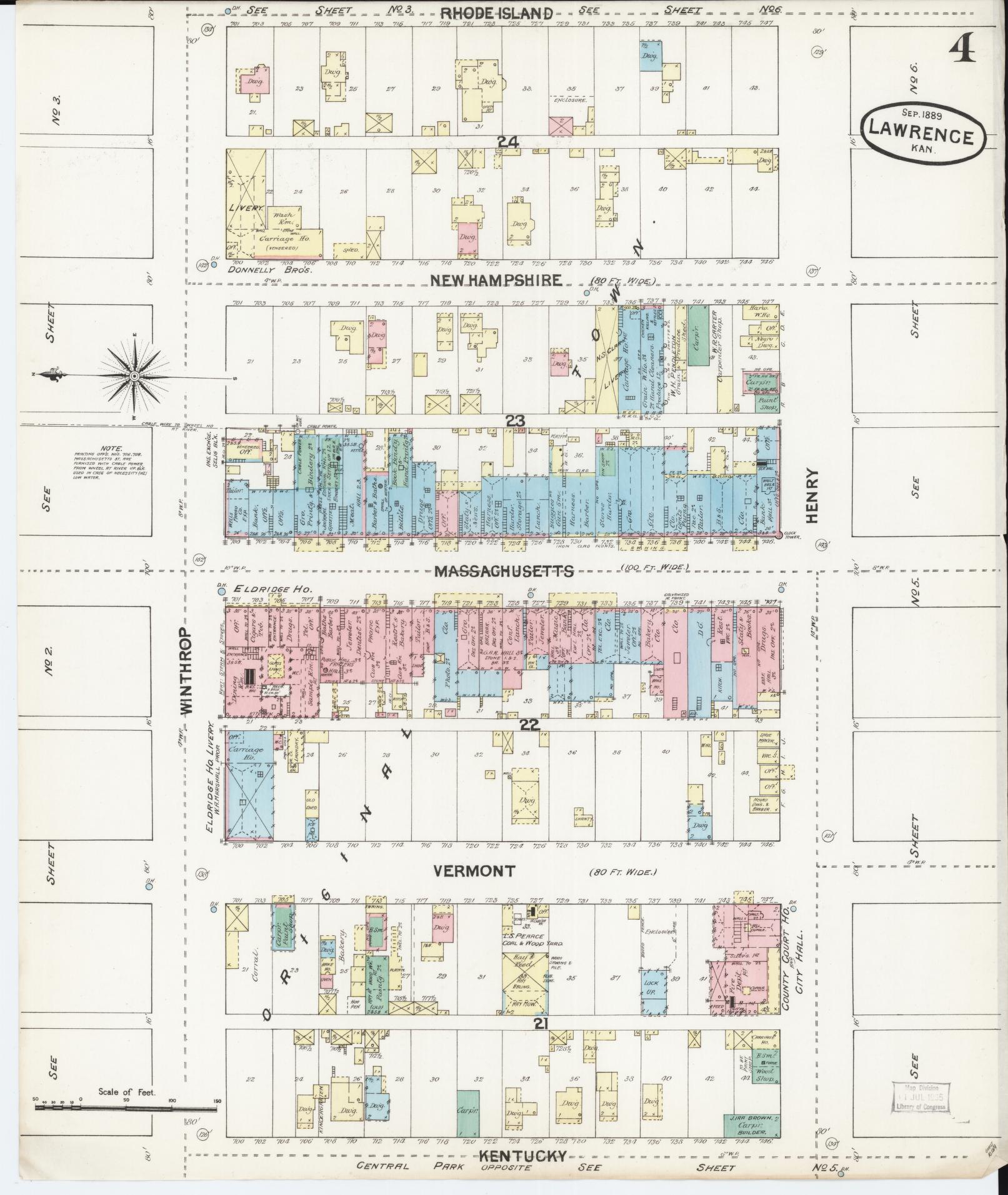 Sanborn Fire Insurance Map from Lawrence, Douglas County, Kansas (1889), Sheet #0004 - Complete Map Set gallery image, historic Sanborn map, vintage wall art, Kansas Kansas