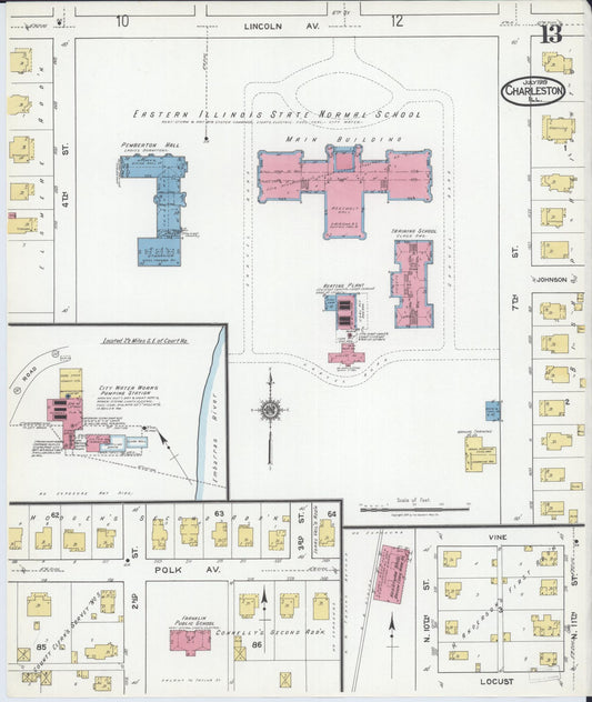Sanborn Fire Insurance Map from Charleston, Coles County, Illinois (1919), Sheet #0013 - Historic Sanborn Fire Insurance Map Print, vintage old map wall art, antique decor, genealogy gift, Illinois Illinois map