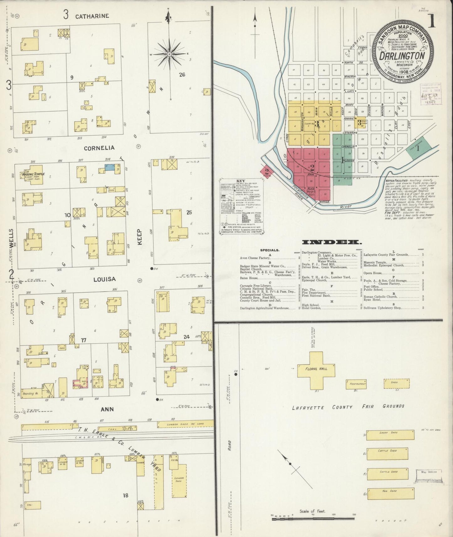 Sanborn Fire Insurance Map from Darlington, Lafayette County, Wisconsin (1908), Sheet #0001 - Complete Map Set gallery image, historic Sanborn map, vintage wall art, Wisconsin Wisconsin